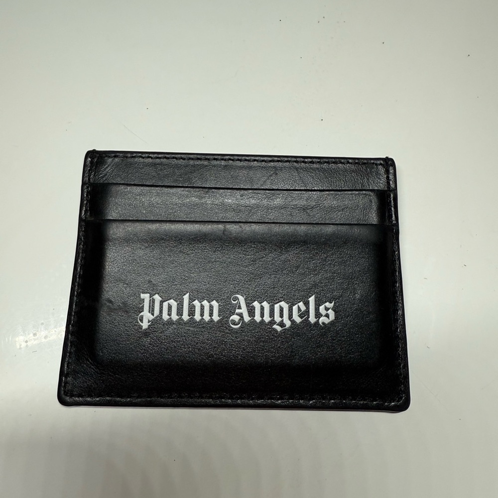 Palm Angels Black Leather Card Sleeve with White Logo